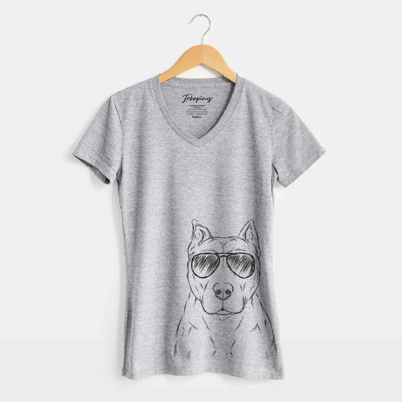 Aviator Bane the Pitbull Mix - Women's V-neck Shirt-- Mesh Blend Leather Blend Suede Blend Aviator Bane the Pitbull Mix - Women's V-neck Shirt-- Mesh Blend Leather Blend Suede Blend