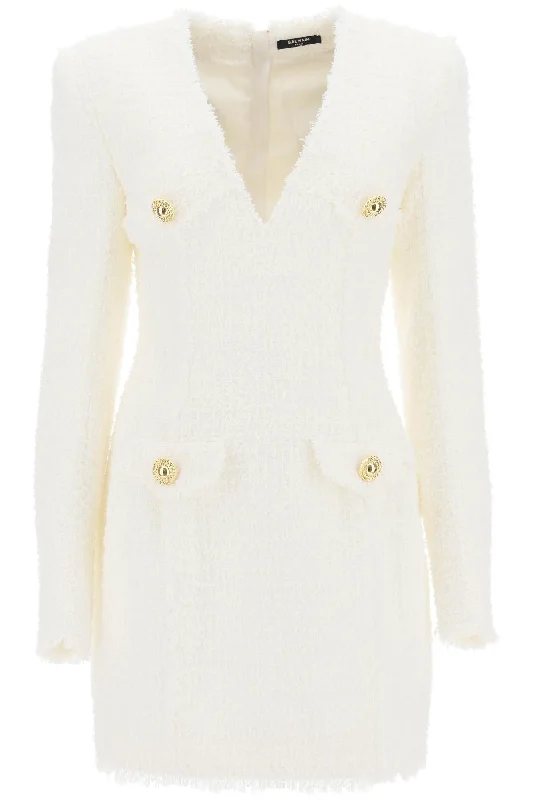 Mini Dress In Tweed  - White Comfortable Smocked Mini Dress