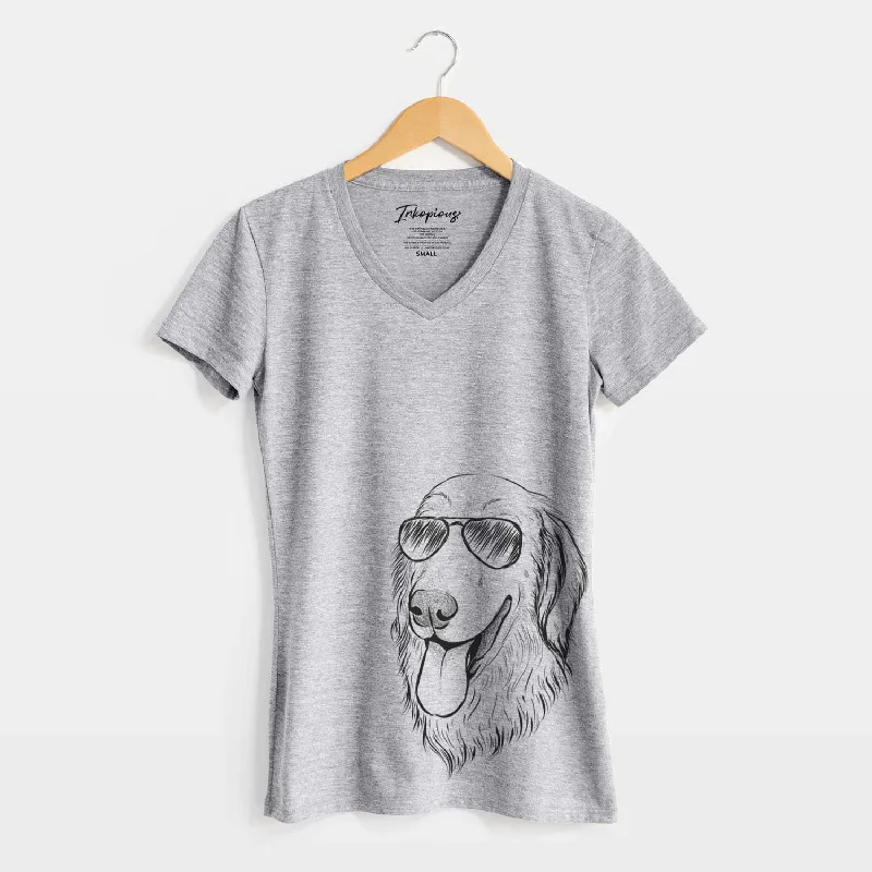 Aviator Bailey the Golden Retriever - Women's V-neck Shirt-- Lace Blend Ribbed Blend Corduroy Blend Aviator Bailey the Golden Retriever - Women's V-neck Shirt-- Lace Blend Ribbed Blend Corduroy Blend