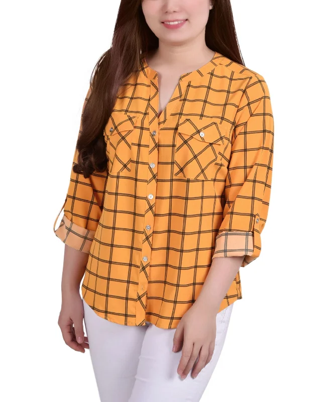 Petite 3/4 Sleeve Roll Tab Y Neck Blouse Oversized Silk Blouse