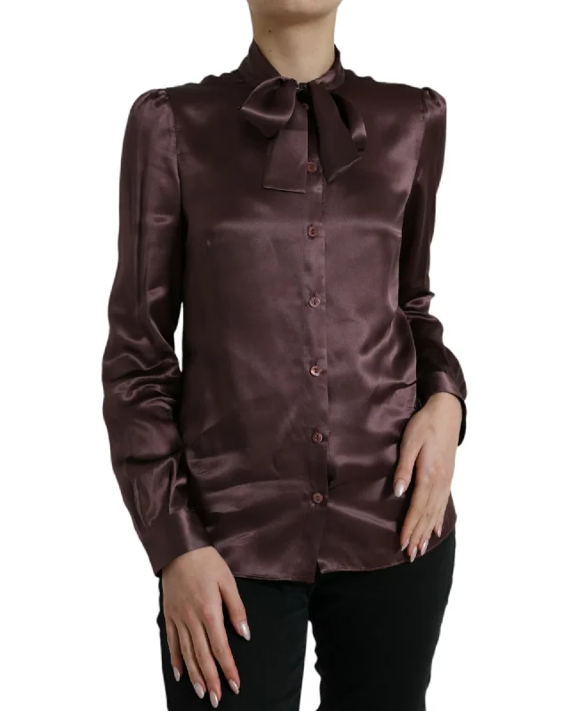 Dolce & Gabbana  Silk Bow Tie Blouse - Brown Gathered Detail Blouse