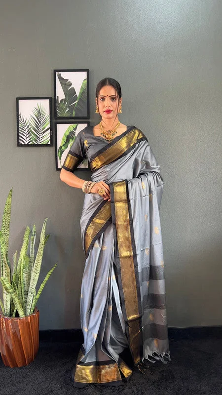 Malishka Export Cotton Silk Woven Ready To Wear Saree With Blouse Piece - Grey Playful Puff Blouse Malishka Export Cotton Silk Woven Ready To Wear Saree With Blouse Piece - Grey Playful Puff Blouse