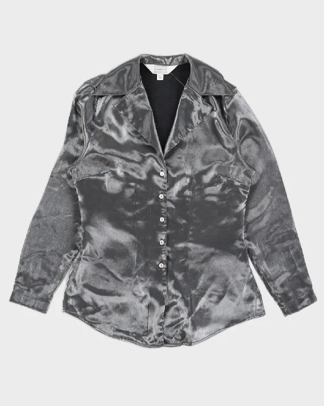 Vintage 90s Emblem Grey Shiny Blouse - M Puff Sleeve Blouse