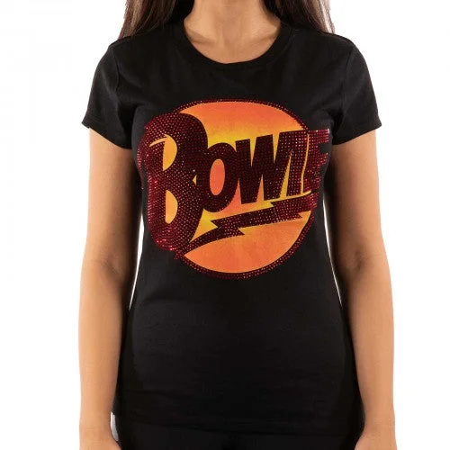 David Bowie Womens/Ladies Diamond Dogs Embellished Logo T-Shirt-- Zippered Front Buttoned Front Snap Front David Bowie Womens/Ladies Diamond Dogs Embellished Logo T-Shirt-- Zippered Front Buttoned Front Snap Front