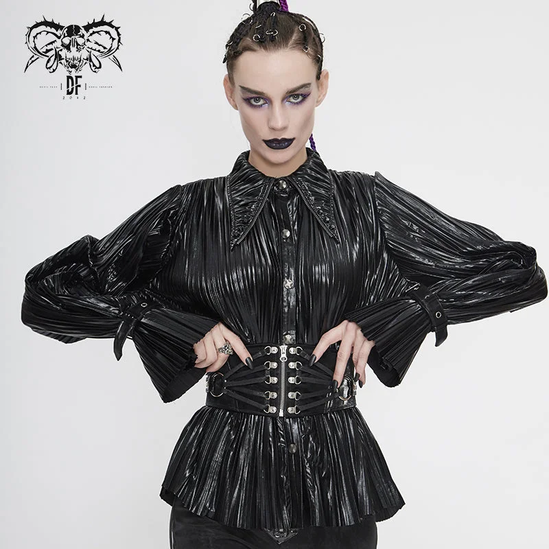 SHT05501 Cyberpunk bright black pleated blouse Oversized Silk Blouse