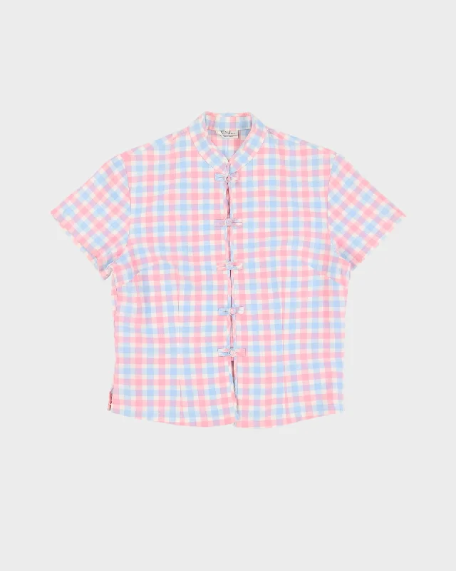 Vintage Pink And Blue Gingham Blouse -  S Satin Bow Blouse