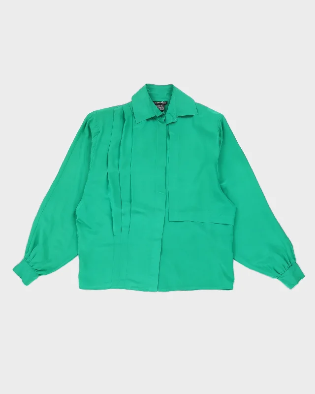 Vintage 90s LB Diffusion Green Silk Blouse - S Pleated Collar Blouse