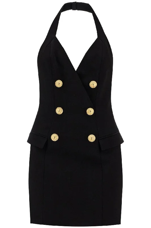 Halter Neck Mini Dress With Buttons  - Black Casual Mini Dress with Pockets