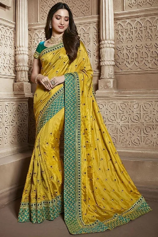 Yellow Rangoli Silk Saree With Blouse Piece Polished Work Blouse