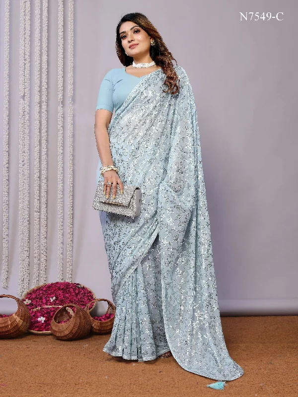 Sky Blue Pure Georgette Embroidered Saree With Stitched Blouse - Nimaya Kaksha Boho Printed Blouse Sky Blue Pure Georgette Embroidered Saree With Stitched Blouse - Nimaya Kaksha Boho Printed Blouse