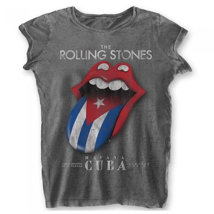The Rolling Stones Womens/Ladies Havana Cuba Burnout T-Shirt-- Notch Collar Peter Pan Collar Cowl Neck The Rolling Stones Womens/Ladies Havana Cuba Burnout T-Shirt-- Notch Collar Peter Pan Collar Cowl Neck