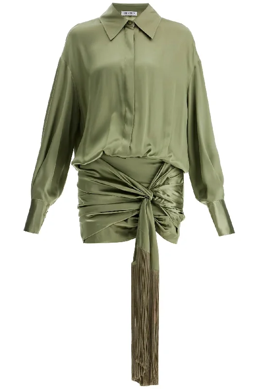 Silk Satin Mini Dress In  - Green Casual Button-Up Mini Dress