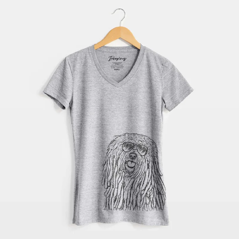 Aviator Barry the Komondor - Women's V-neck Shirt-- Graphic Embroidered Appliqued