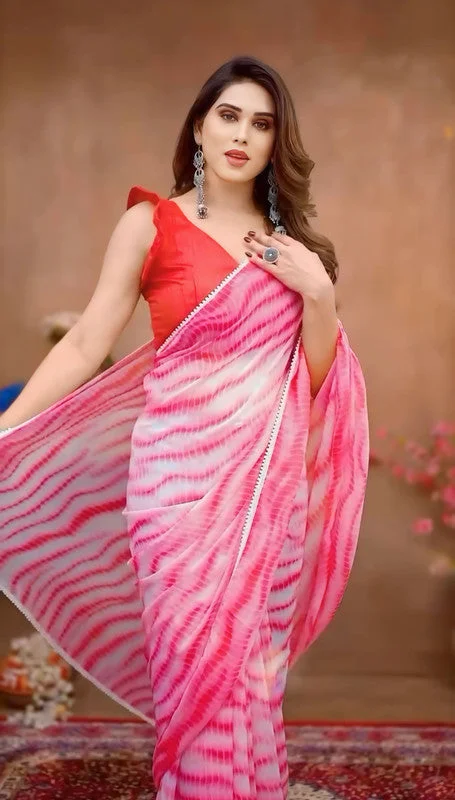 Malishka Export Georgette Silk Shibori Printed Ready To Wear Saree With Blouse Piece - Pink Ruched Sleeve Blouse Malishka Export Georgette Silk Shibori Printed Ready To Wear Saree With Blouse Piece - Pink Ruched Sleeve Blouse