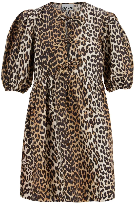 Printed Tie String Poplin Mini Dress  - Beige Comfortable Fit-and-Flare Mini Dress