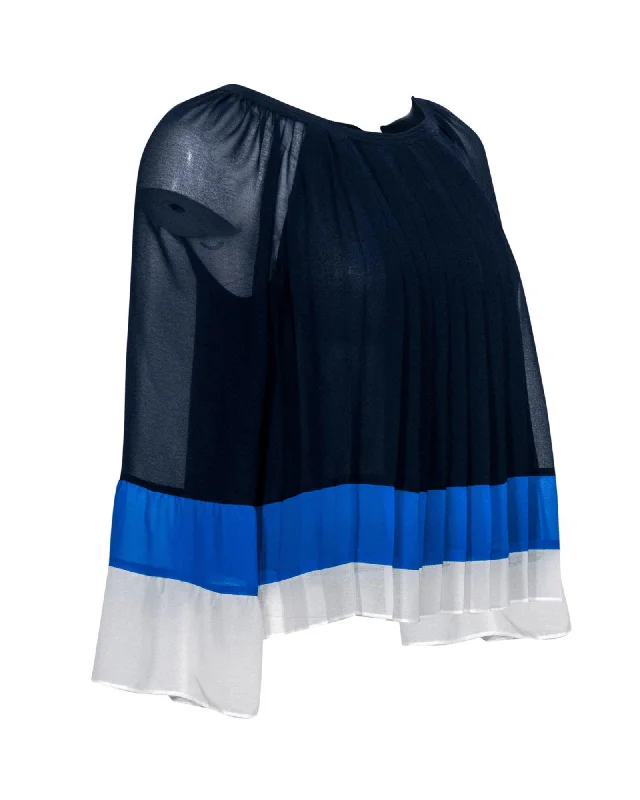 Joie Blue Pleated Peasant Sheer Blouse Peter Pan Collar Blouse