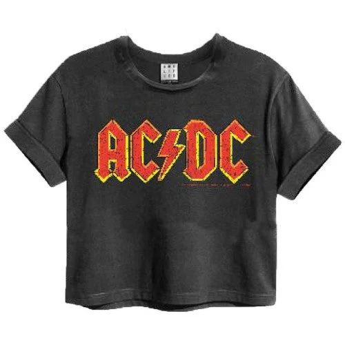 Amplified Womens/Ladies AC/DC Logo Cropped T-Shirt-- Embroidered Appliqued Beaded