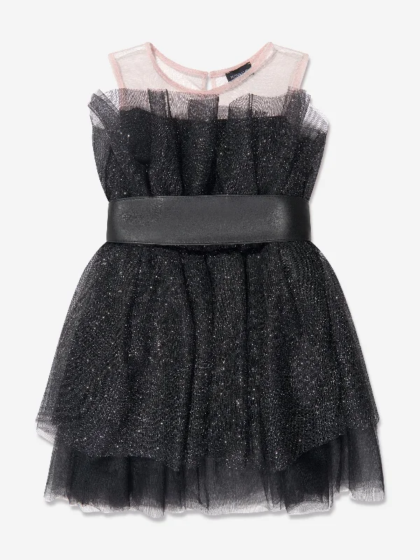Monnalisa Girls Glittery Tulle Mini Dress in Black Stylish Puff Sleeve Mini Dress
