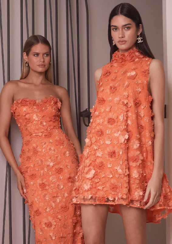 Floral Trapeze Mini Dress - Orange Elegant Off-Shoulder Dress Mini