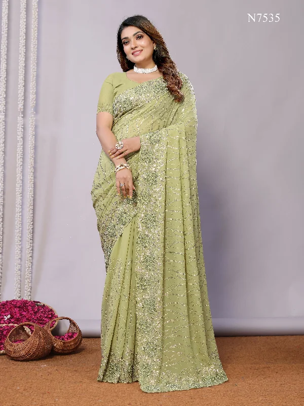 Gajari Pure Georgette Embroidered Saree With Stitched Blouse - Nimaya Kaksha Feminine Tie Blouse Gajari Pure Georgette Embroidered Saree With Stitched Blouse - Nimaya Kaksha Feminine Tie Blouse