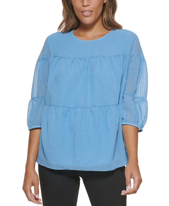 Calvin Klein Textured Chiffon 3/4 Sleeve Blouse Asymmetric Hem Blouse