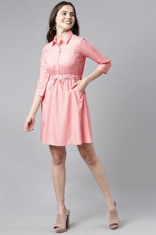 Pink Crepe Polka Dots Printed Mini Dress Comfortable Casual Mini Dress