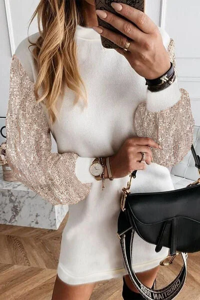 Sequin Long Sleeve Round Neck Mini Dress Fashionable Lace Mini Dress