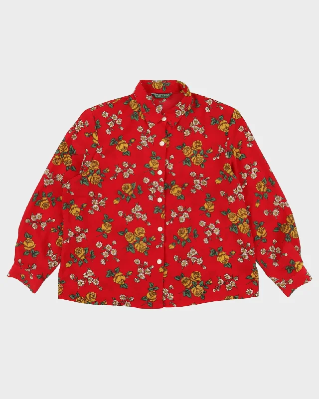 Y2K Maroon Floral Patterned Blouse - L Soft Satin Blouse