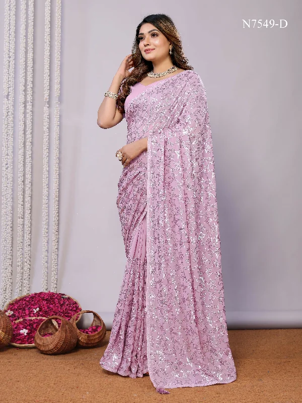 Pink Pure Georgette Embroidered Saree With Stitched Blouse - Nimaya Kaksha Puff Sleeve Blouse Pink Pure Georgette Embroidered Saree With Stitched Blouse - Nimaya Kaksha Puff Sleeve Blouse
