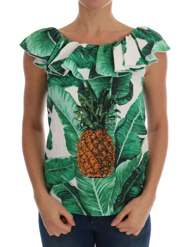Dolce & Gabbana Elegant Sequined Pineapple Women's Blouse Playful Puff Blouse