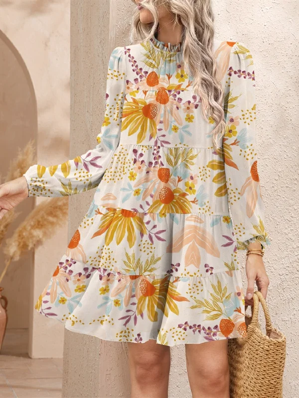 Tiered Printed Long Sleeve Mini Dress Trendy Lace Mini Dress