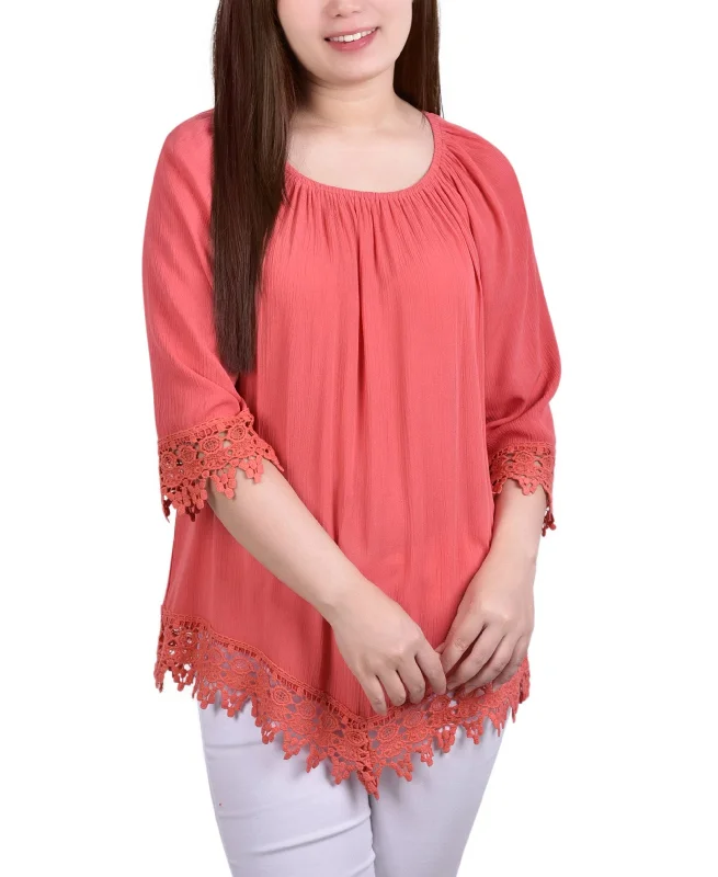 Petite Size 3/4 Sleeve Peasant Blouse Embroidered Cotton Blouse