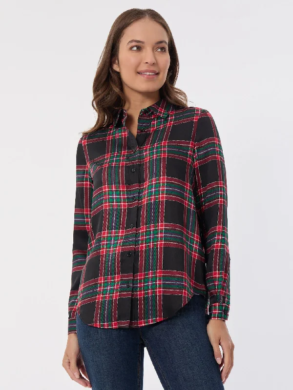 Plaid Button Front Collared Shirt-- Houndstooth Herringbone Solid