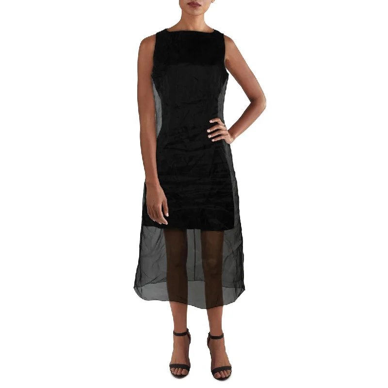 Womens Linen Blend Sheer Overlay Mini Dress Cozy Jersey Mini Dress