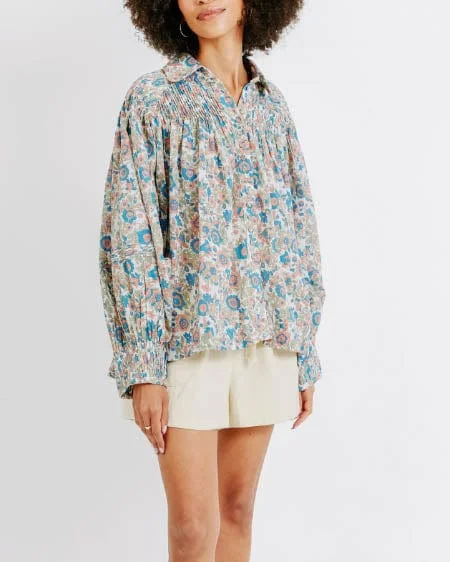"Kerala" Floral Blouse Ruched Sleeve Blouse
