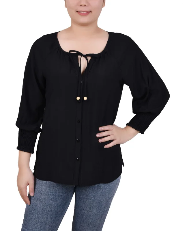 Petite Button Front 3/4 Sleeve Blouse Casual Stripe Blouse