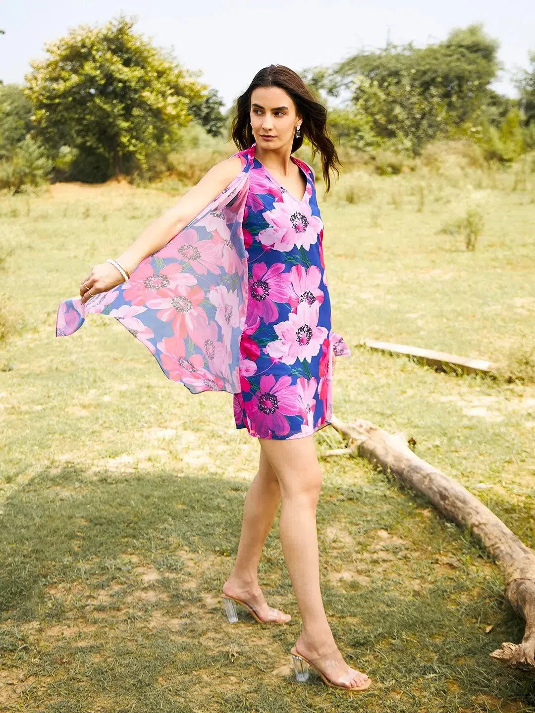 Draped Shrug Mini Dress in Blue and Pink Modern Satin Mini Dress