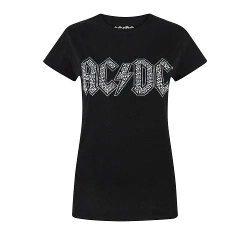 AC/DC Womens/Ladies Diamante Logo T-Shirt-- Satin Fabric Silk Fabric Chiffon Fabric