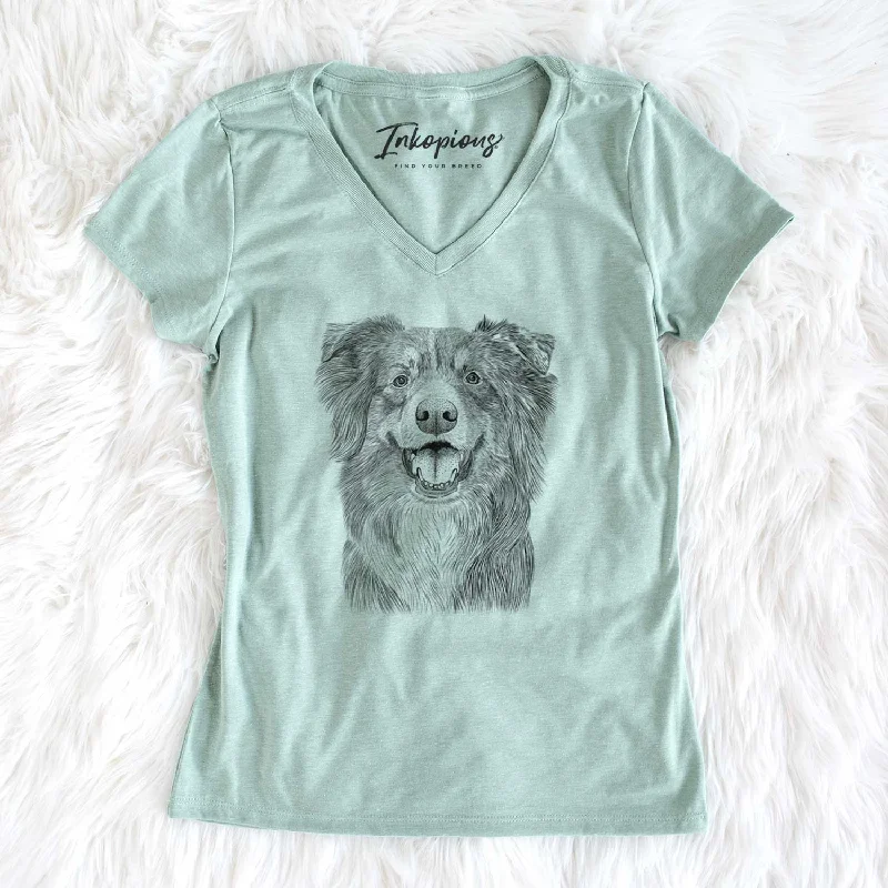 Bare Aussie Parker the Australian Shepherd - Women's V-neck Shirt-- Mesh Blend Leather Blend Suede Blend Bare Aussie Parker the Australian Shepherd - Women's V-neck Shirt-- Mesh Blend Leather Blend Suede Blend