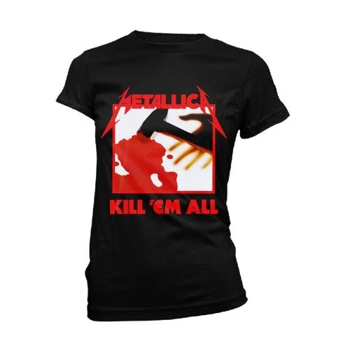 Metallica Womens/Ladies Kill Em All Tracks T-Shirt-- Spandex Blend Rayon Blend Denim Blend Metallica Womens/Ladies Kill Em All Tracks T-Shirt-- Spandex Blend Rayon Blend Denim Blend