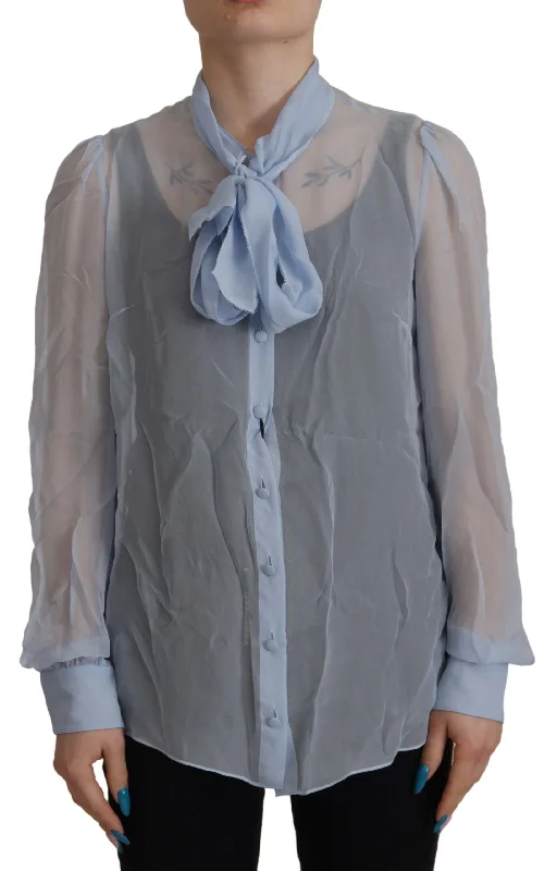 Dolce & Gabbana Elegant Silk Ascot Collar Blouse in Light Women's Blue Elegant Embroidery Blouse
