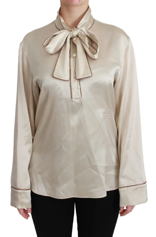 Dolce & Gabbana Elegant Beige Silk Satin Blouse with QUEEN Women's Embroidery Classic Minimalist Blouse