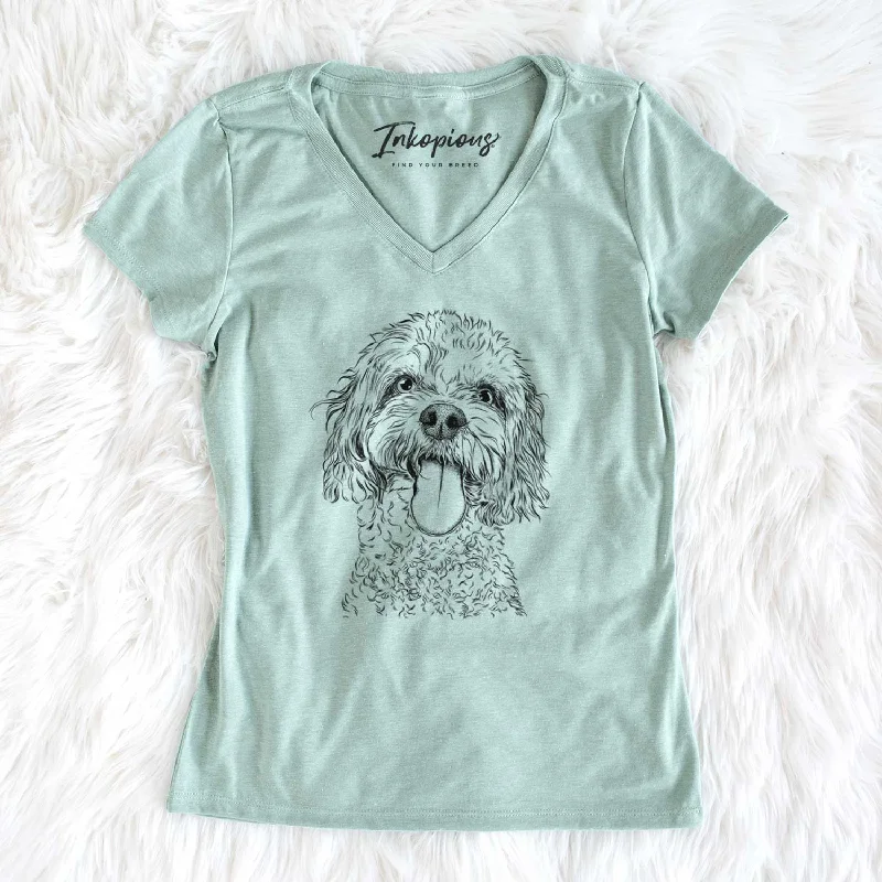 Bare Barney the Cavachon - Women's V-neck Shirt-- Spandex Blend Rayon Blend Denim Blend Bare Barney the Cavachon - Women's V-neck Shirt-- Spandex Blend Rayon Blend Denim Blend