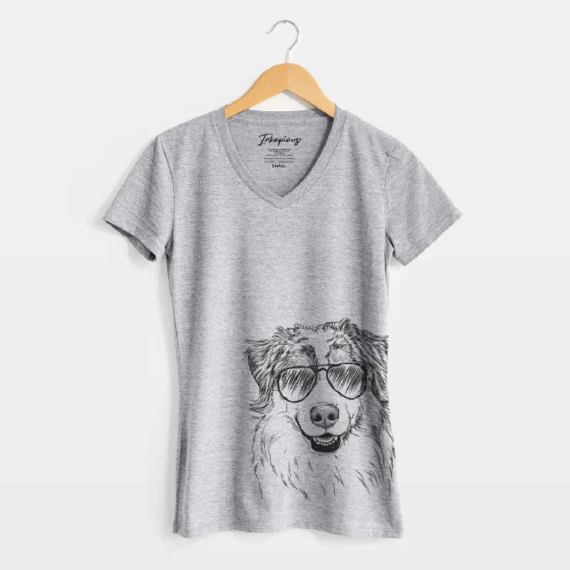 Aviator Aonghus the Australian Shepherd - Women's V-neck Shirt-- Striped Floral Plaid Aviator Aonghus the Australian Shepherd - Women's V-neck Shirt-- Striped Floral Plaid