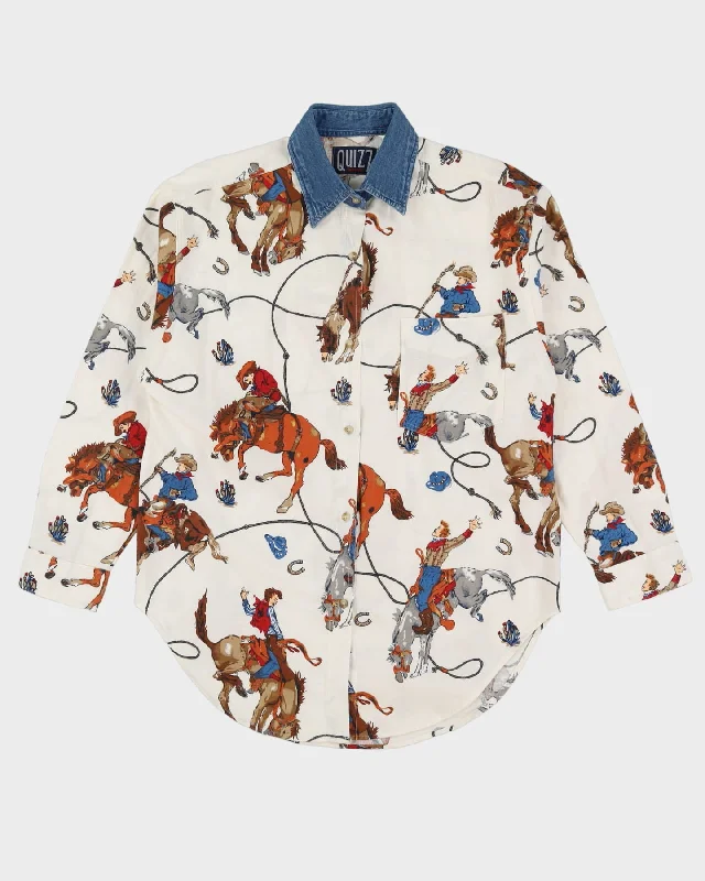 Vintage White Rodeo Pattern Blouse - M Business Casual Blouse