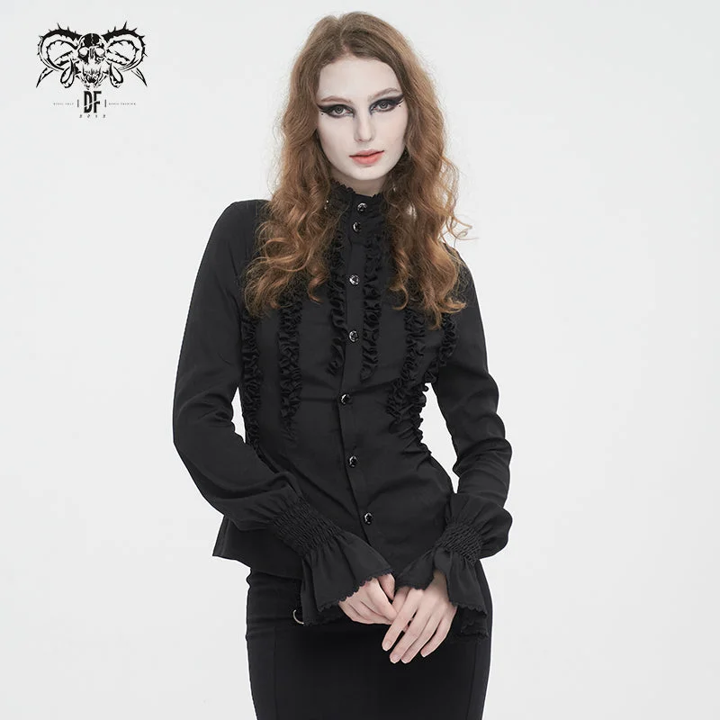 SHT10601 Black chiffon smocked lace stand collar women blouse Loose Fit Blouse