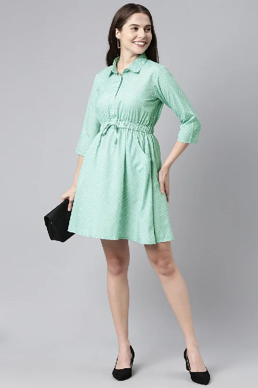Green Crepe Polka Dots Printed Mini Dress Trendy Floral Mini Dress