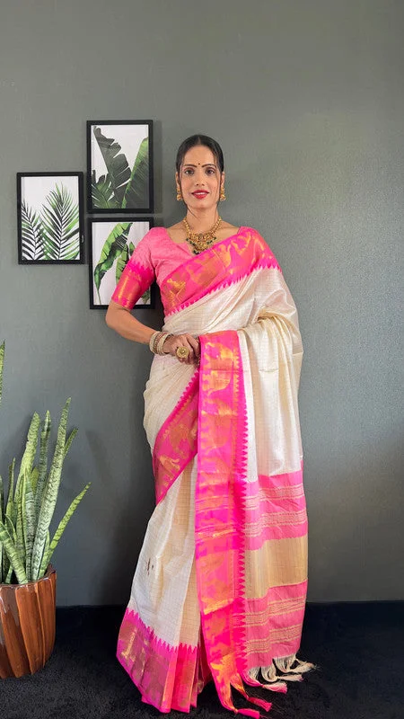 Malishka Export Kanjivaram Woven Ready To Wear Saree With Blouse Piece - White-Pink Feminine Satin Blouse Malishka Export Kanjivaram Woven Ready To Wear Saree With Blouse Piece - White-Pink Feminine Satin Blouse