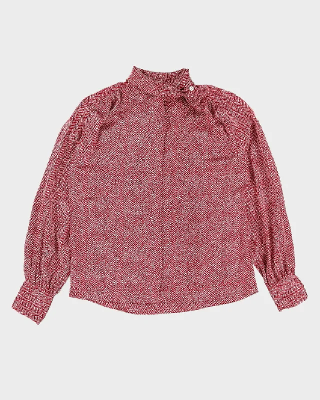 Red and White A-Symmetrical Collar Pattern Satin Blouse - M Peter Pan Blouse