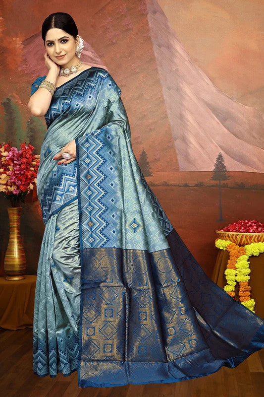 Malishka Export Cotton Silk Woven Ready To Wear Saree With Blouse Piece - Sky Casual Relaxed Blouse Malishka Export Cotton Silk Woven Ready To Wear Saree With Blouse Piece - Sky Casual Relaxed Blouse